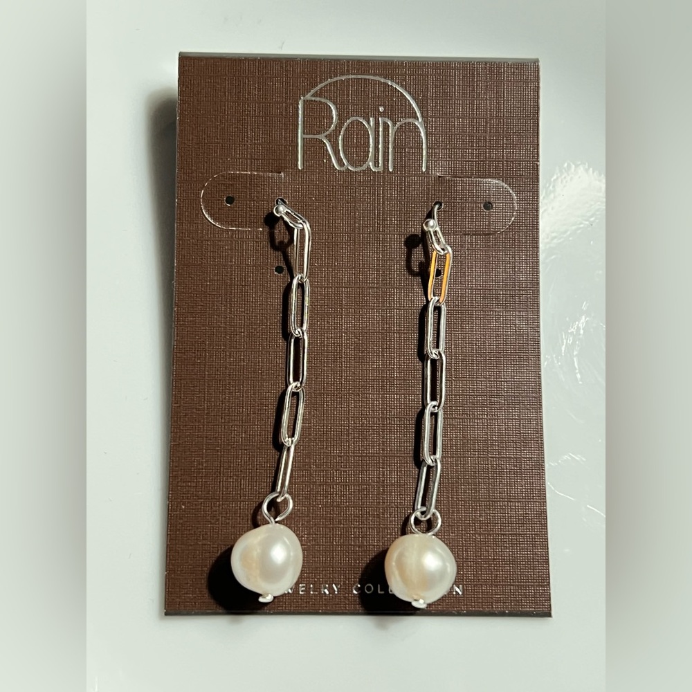 Earrings Silver And Pearl Paper Chain Drop by Rain
